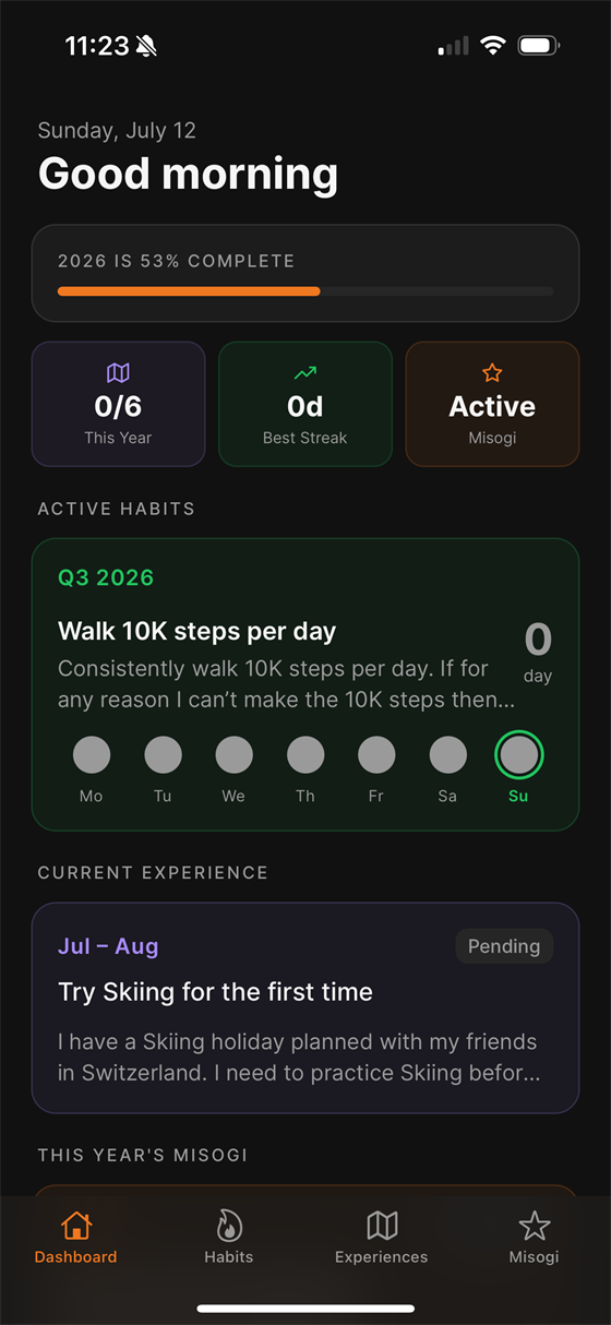 The Long Game dashboard showing yearly progress, active habits, and current experience