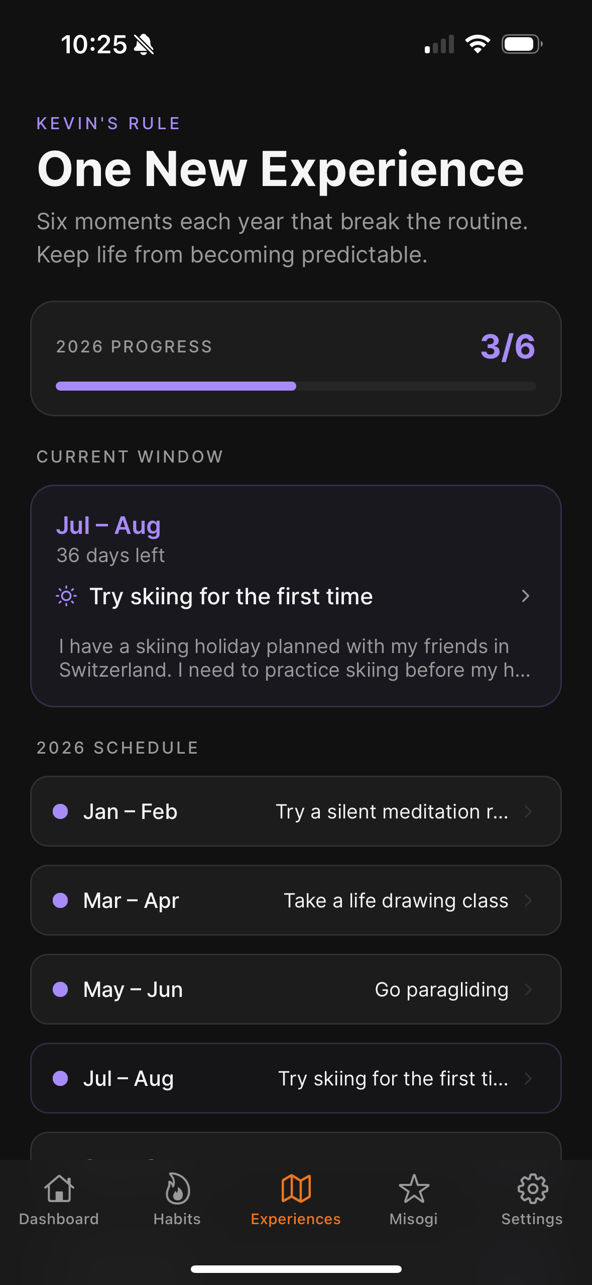 The Long Game experiences screen showing yearly progress and the current bi-monthly window