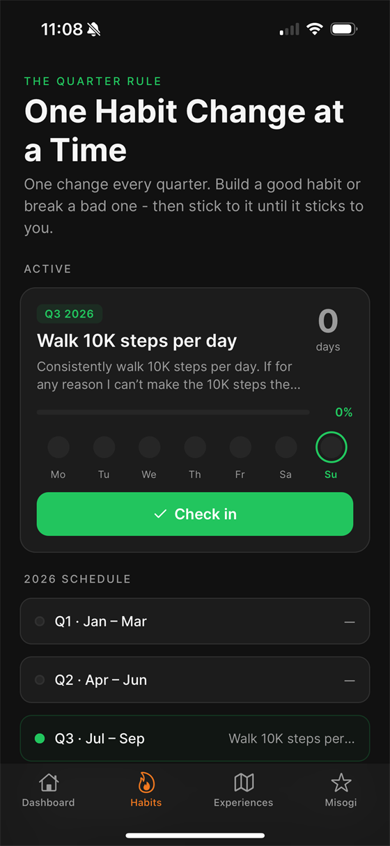 The Long Game habit check-in screen with weekly streak tracker