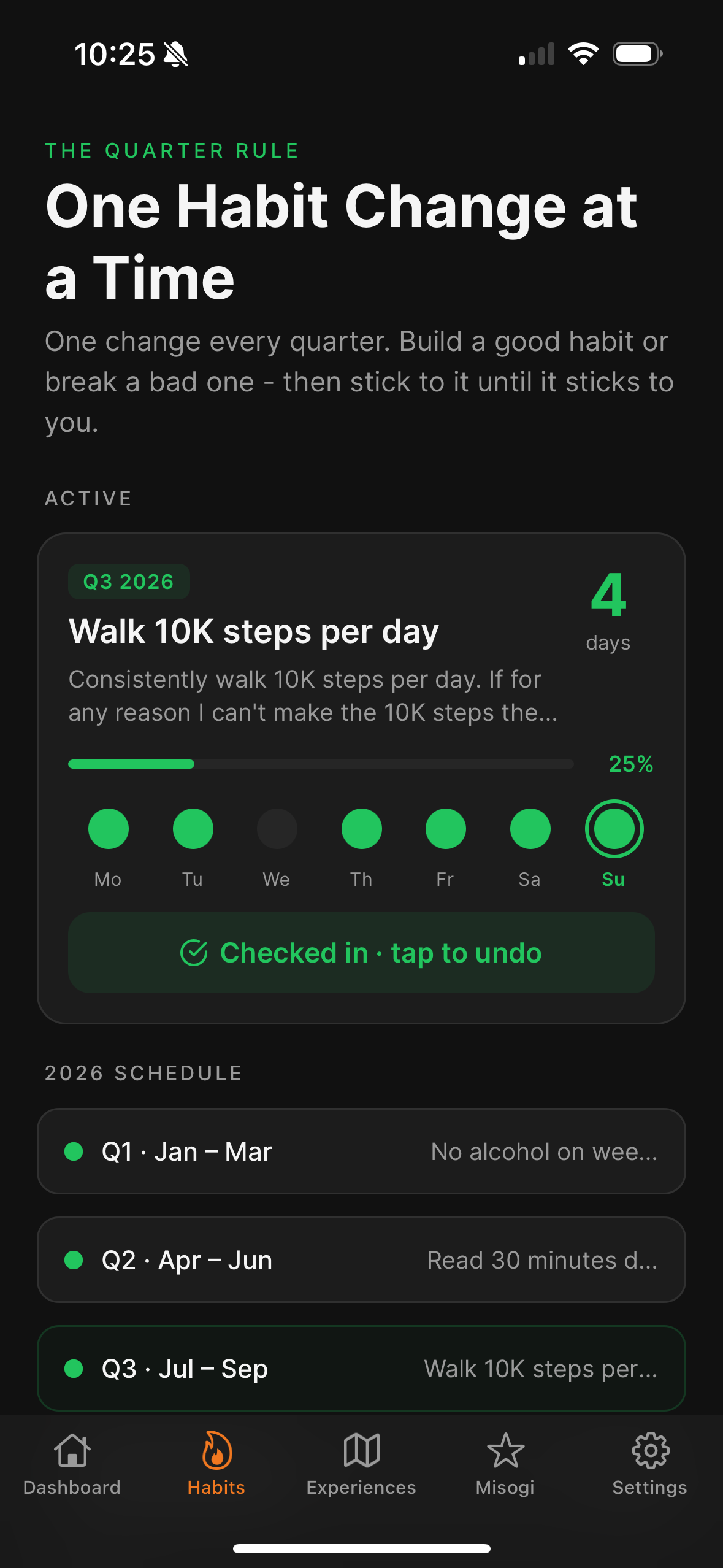 The Long Game habits screen showing an active quarterly habit with a check-in streak and progress bar