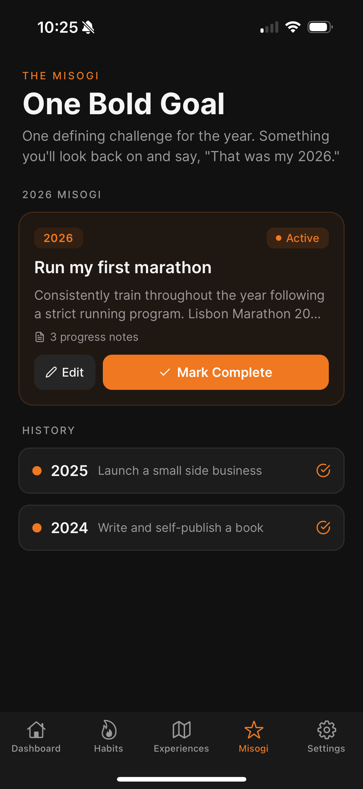 The Long Game Misogi screen showing an active yearly goal and a history of completed past goals